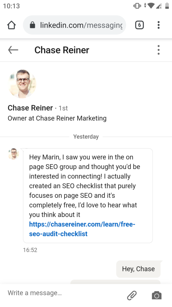 Screenshot from LinkedIn chat with Chase Reiner