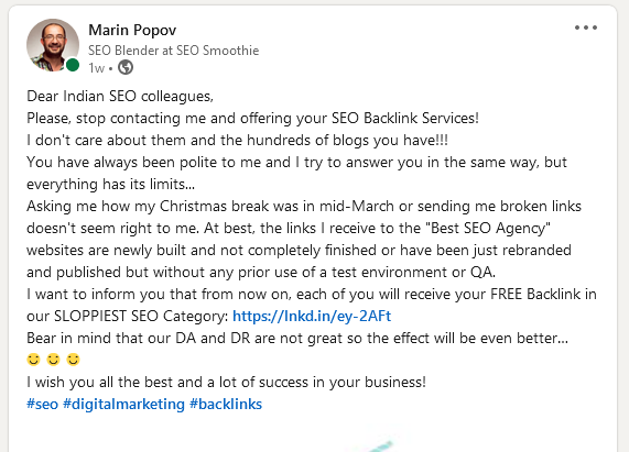 Thank you for your seo backlink services - LinkedIn post