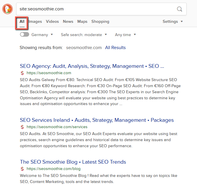Use the command "Site:" for searching in DuckDuckGo, All Results
