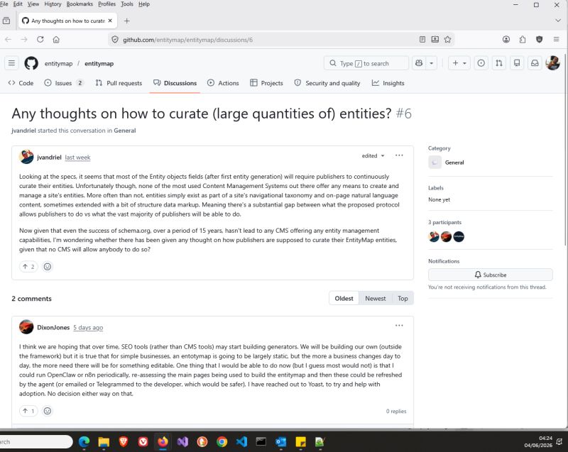 Screenshot of GitHub Discussion #6 in the entitymap repository.